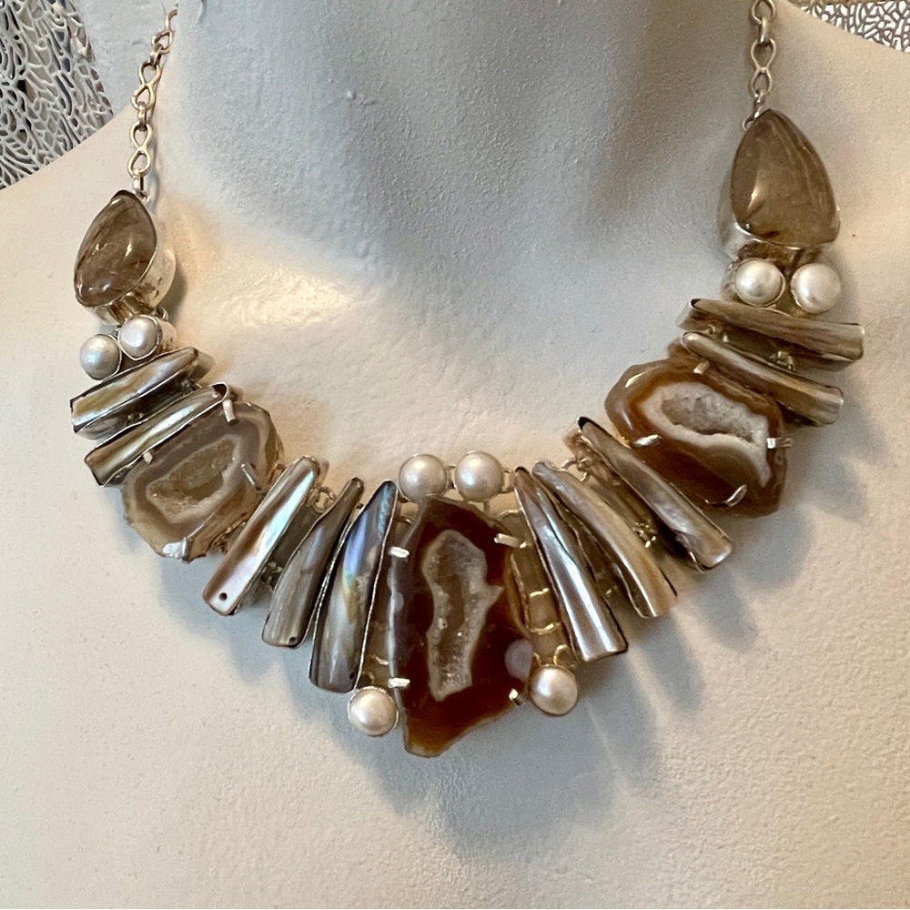 Statement druzy, pearl & mother-of-pearl silver plated necklace